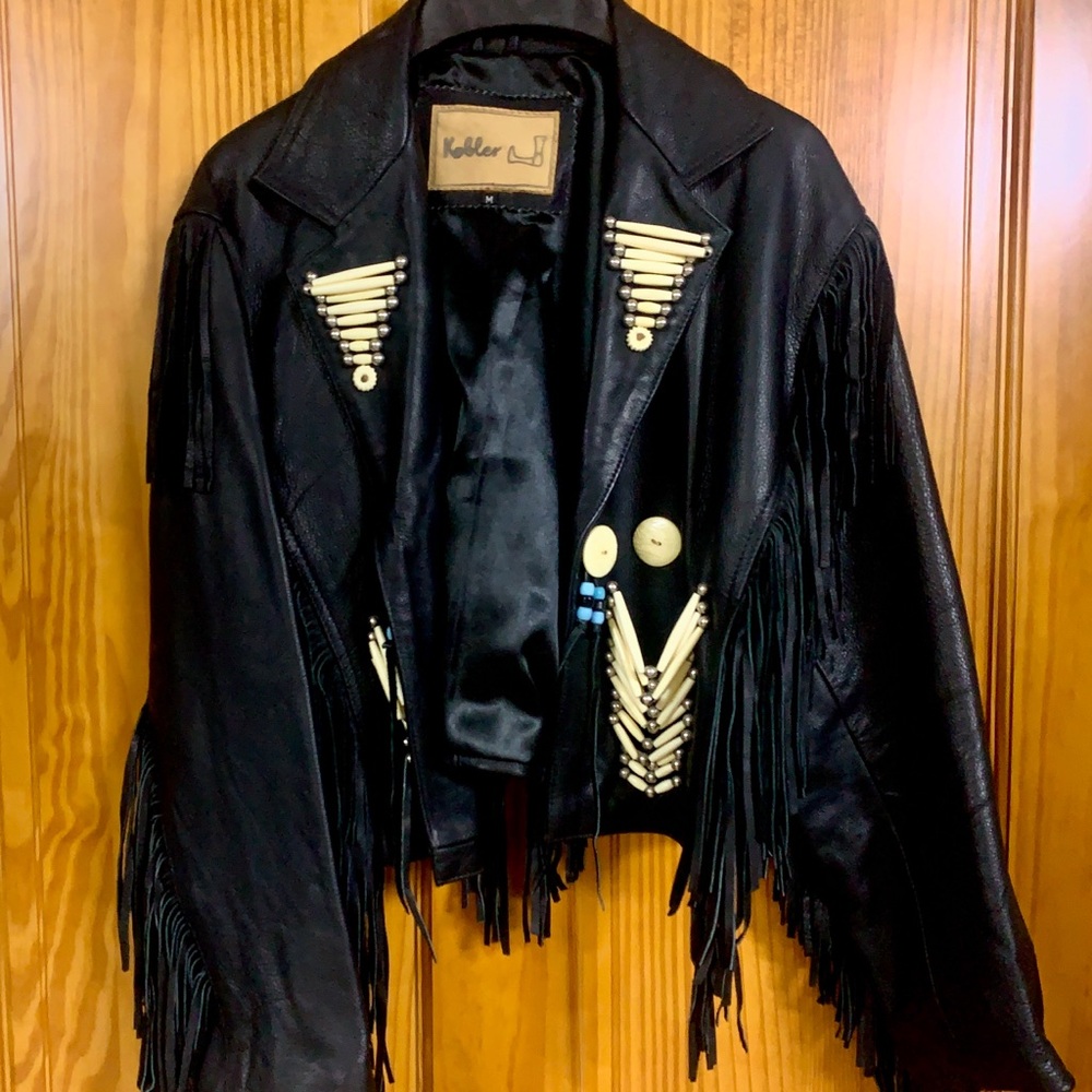 Nobler Native American  Fringe & Bone Women's Black  Leather Jacket